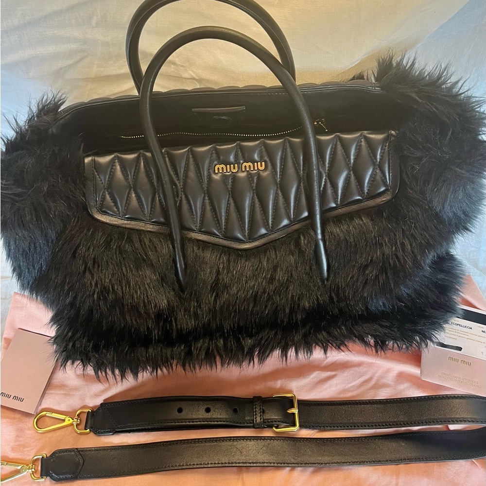 Miu Miu Black Quilted Fur Tote
